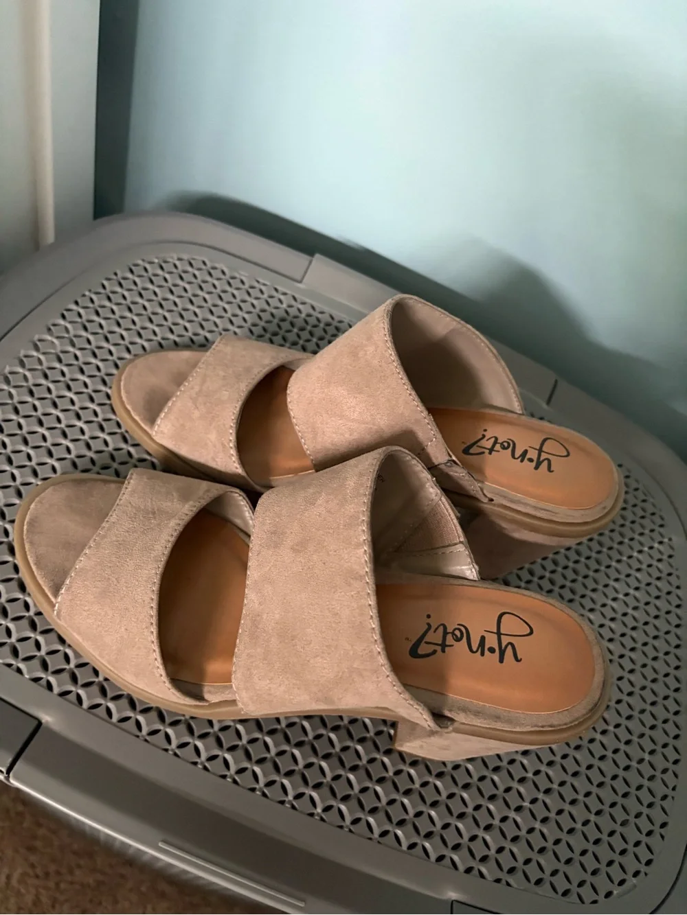 Y-Not? Suede Double-Band Slide Heels in Beige